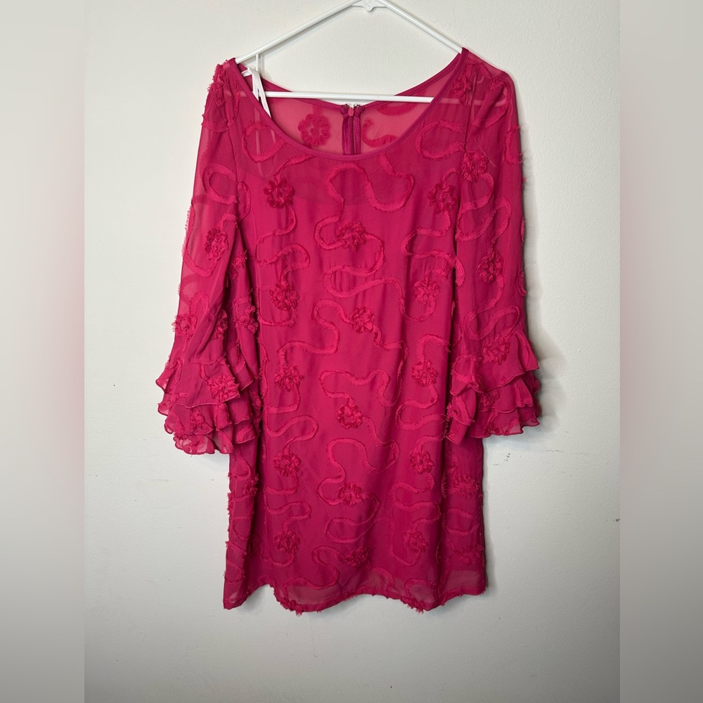 R & K Originals Womens Fuchsia Pink Chiffon Floral Mini Shift Dress Bell Sleeve